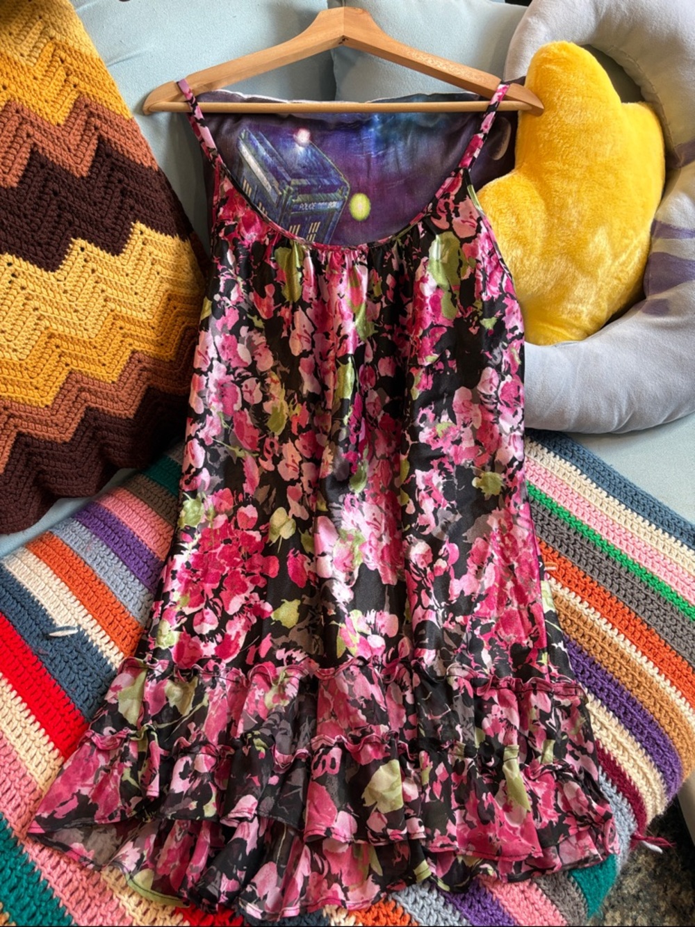 Oscar de la Renta Intimates Pink and Black Floral Ruffle Slip Dress